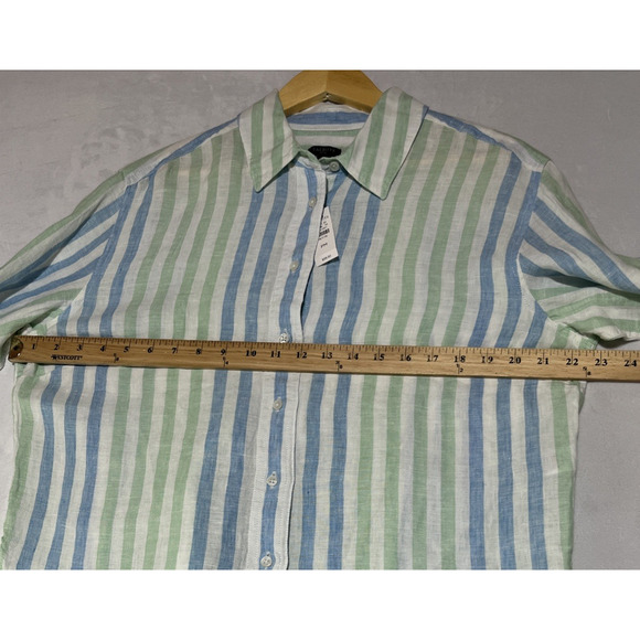 Talbots Linen Shirt Womens MP Striped Blue Green Cropped Boxy Button Up Blouse - Picture 9 of 14